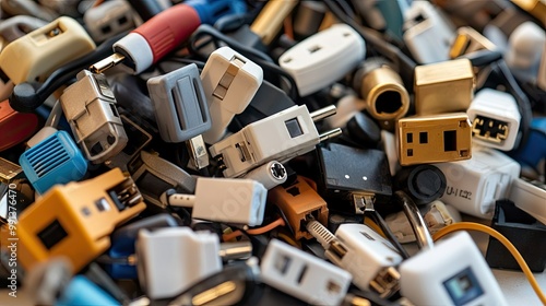 A pile of different types of electrical plugs on a white surface, representing a variety of devices and charging solutions. photo