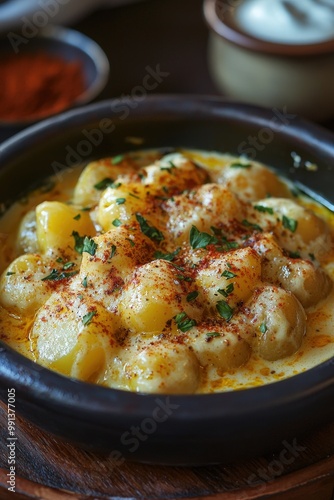 Papa a la Huancaina - Boiled potatoes covered with a spicy, creamy sauce made from aji amarillo, cheese, and milk.