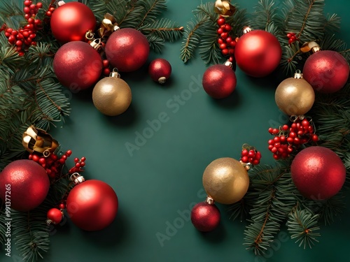 On the green background seen from above, red and gold balls placed pine branches to feel like Christmas.