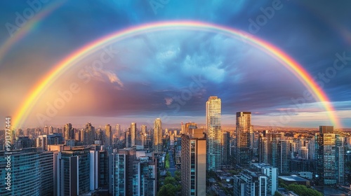 A rainbow appearing over a bustling city skyline after rain, with buildings reflecting the colorful light in the foreground.