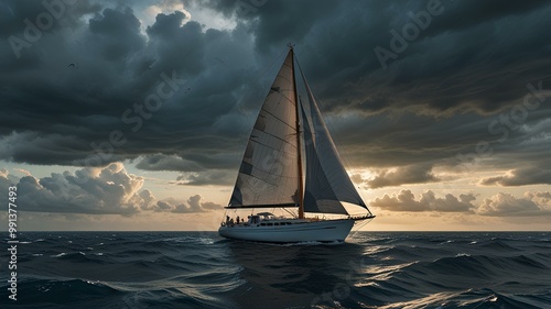 Large sailboat sailing in the ocean in the evening, cloudy sky above. photo