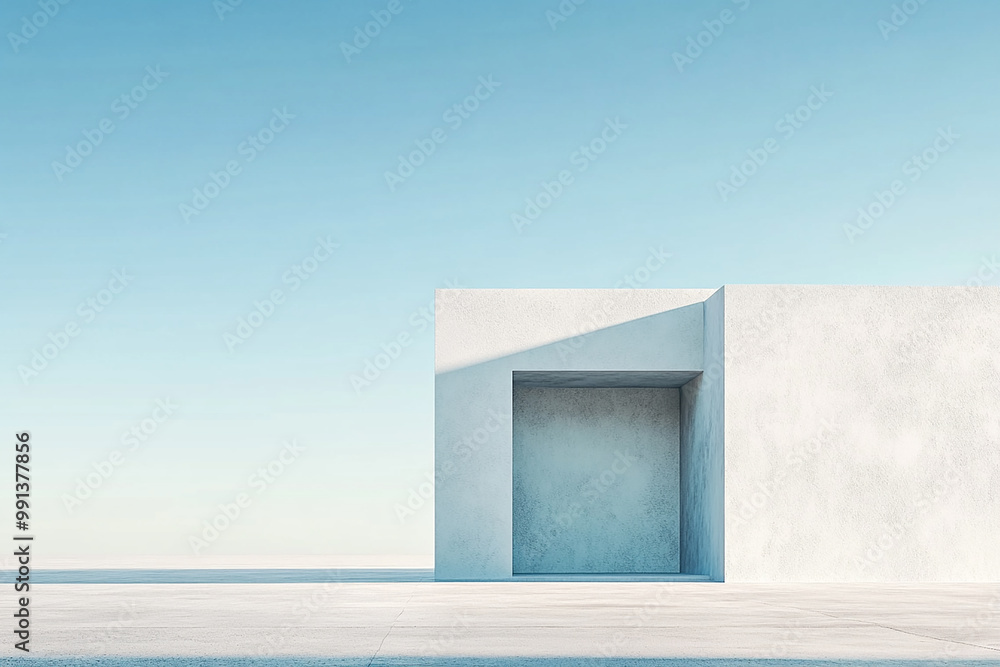 Abstract 3D rendering of minimalist style architectural space scene, mountain and lakeside building Abstract 3D rendering of minimalist style architectural space scene, mountain and lakeside building