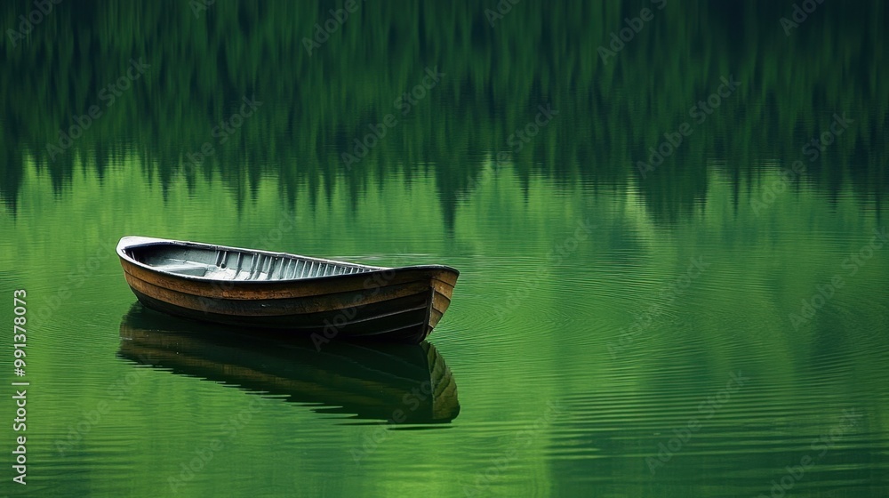 A lone boat rests in still green waters as delicate ripples expand outward into the reflective lake surface A lone boat rests in still green waters as delicate ripples expand outward into the reflective lake surface