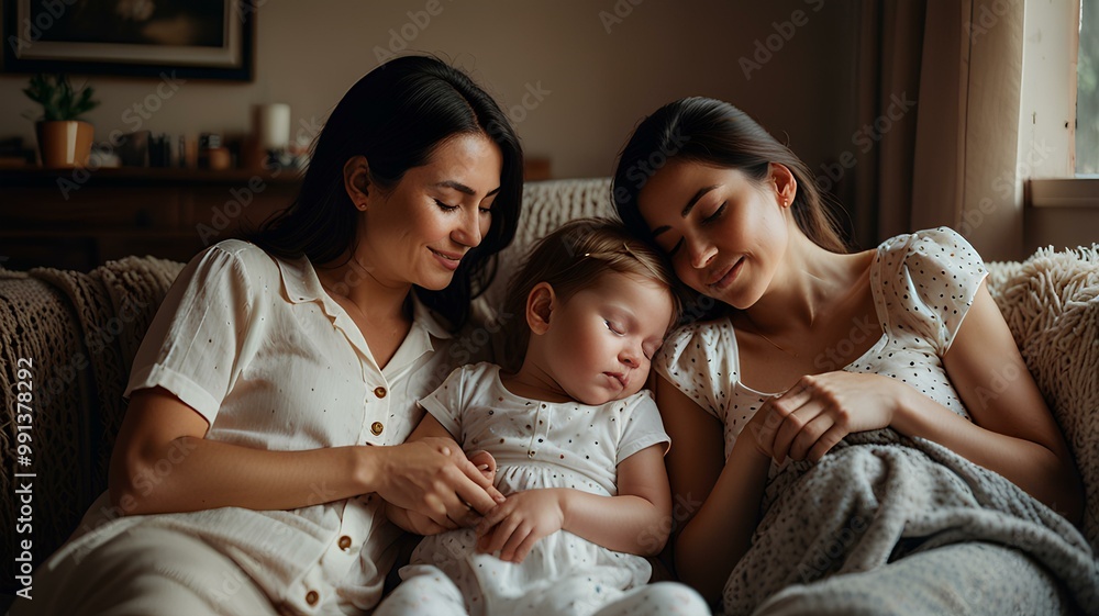 Loving family moment with two women and sleeping baby, showcasing warmth and connection in cozy indoor setting. soft light enhances tender atmosphere. Loving family moment with two women and sleeping baby, showcasing warmth and connection in cozy indoor setting. soft light enhances tender atmosphere.