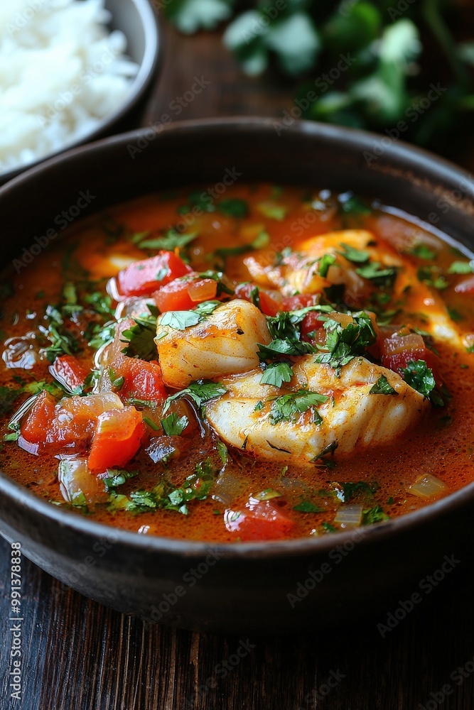 Sudado de Pescado - A fish stew with tomatoes, onions, and cilantro, typically served with rice. Sudado de Pescado - A fish stew with tomatoes, onions, and cilantro, typically served with rice.