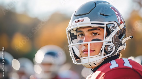 A portrait of a star quarterback standing confidently on the field with teammates in the background ready for action Large space for text in center Stock Photo with copy space