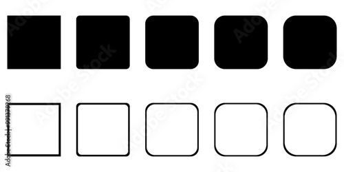 Set of square icons – Black vector squares in various styles – Rounded squares – Flat and outline shapes isolated on a transparent background