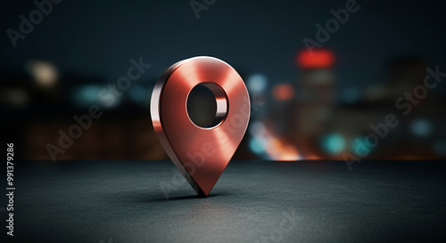 Location pin symbol on dark background with blurred city lights photo