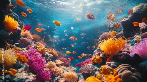 Vibrant underwater scene showcasing colorful coral reefs and diverse fish species.