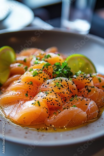 Tiradito - Thinly sliced raw fish with spicy aji amarillo and lime juice, similar to sashimi. photo