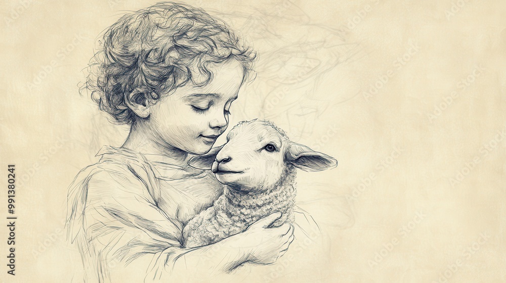 Fototapeta premium Biblical Illustration of Psalms 8: A Child Holding a Lamb with Serene Expression Symbolizing Innocence Praising God on Beige Background