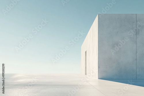 Abstract 3D rendering of minimalist style architectural space scene, mountain and lakeside building