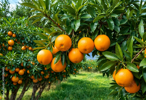 Orchard with orange fruit
