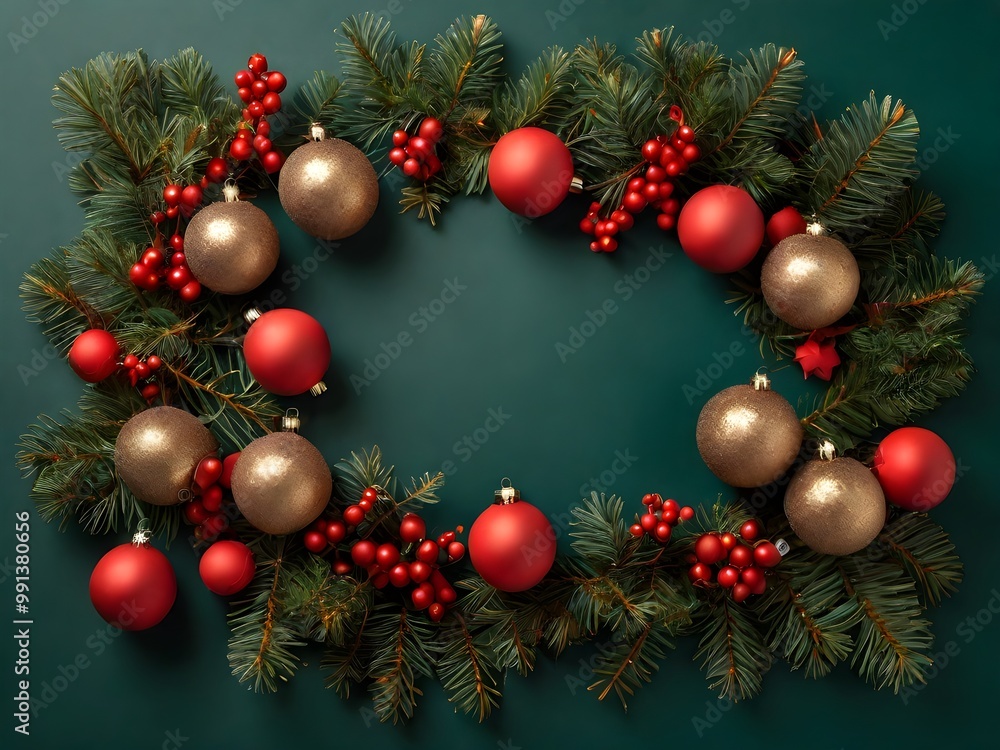 On the green background seen from above, red and gold balls placed pine branches to feel like Christmas. On the green background seen from above, red and gold balls placed pine branches to feel like Christmas.