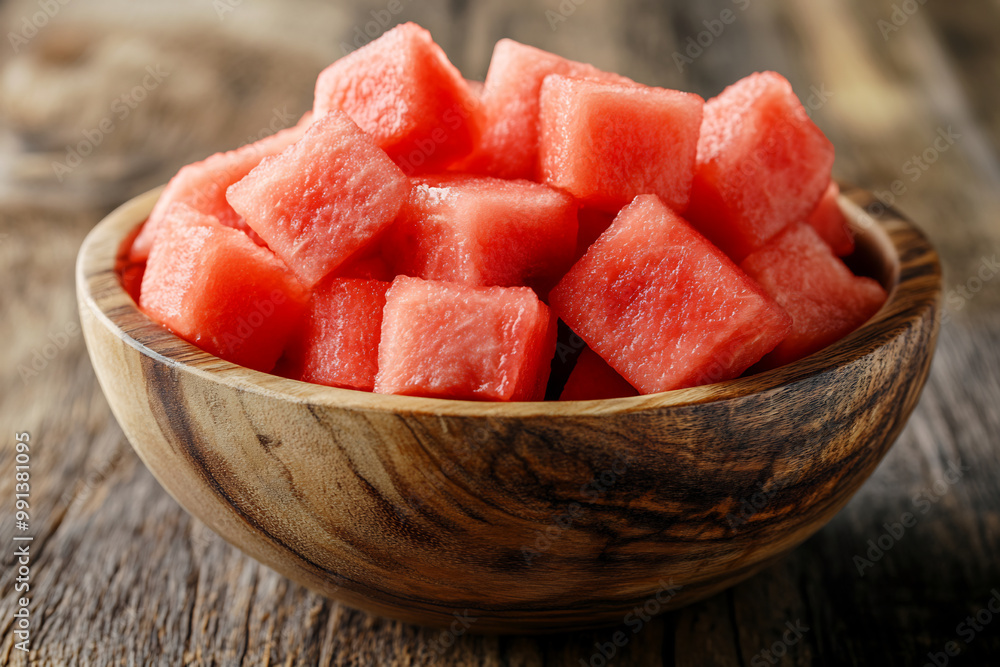 Wooden bowl filled with freshly cut watermelon cubes, highlighting their vibrant color and refreshing texture Wooden bowl filled with freshly cut watermelon cubes, highlighting their vibrant color and refreshing texture
