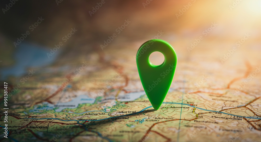 Map pin on navigation map with scenic background highlighting travel route Map pin on navigation map with scenic background highlighting travel route