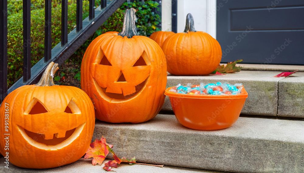 Jack o lanterns outside home, decorated for Halloween with bowl of candy for trick or treaters Jack o lanterns outside home, decorated for Halloween with bowl of candy for trick or treaters