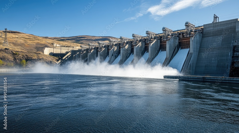 A hydroelectric dam generating power, with ample water surface and clear sky providing space for overlaying text. A hydroelectric dam generating power, with ample water surface and clear sky providing space for overlaying text.