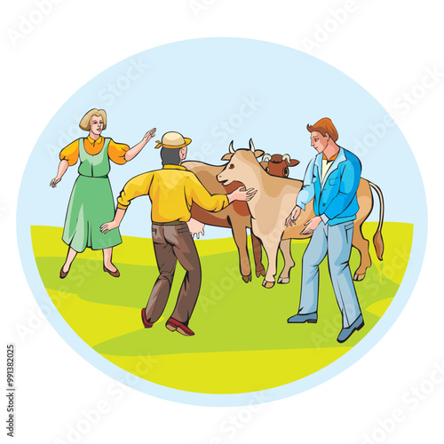 Livestock breeding country life isometric web banner with cattle farmer bringing dairy cow to graze