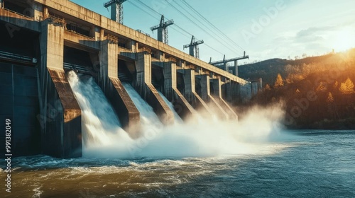 A hydroelectric dam generating power, with ample water surface and clear sky providing space for overlaying text. photo