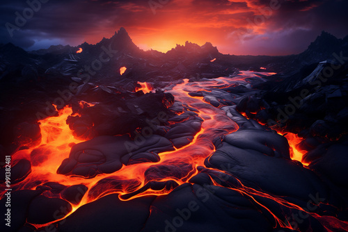 Active Volcano with Blazing Fire, Molten Lava Flow in Volcanic Landscape