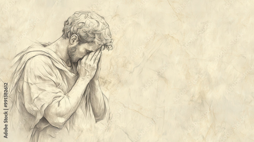 Fototapeta premium Biblical Illustration of Psalms 10: David in Deep Prayer Pleading for God’s Justice as the Cries of the Afflicted Rise to Heaven on Beige Background