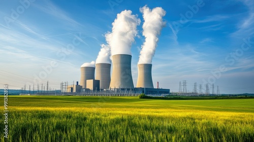 A large coal power plant with visible chimneys in the distance, with a spacious blue sky for copy space.