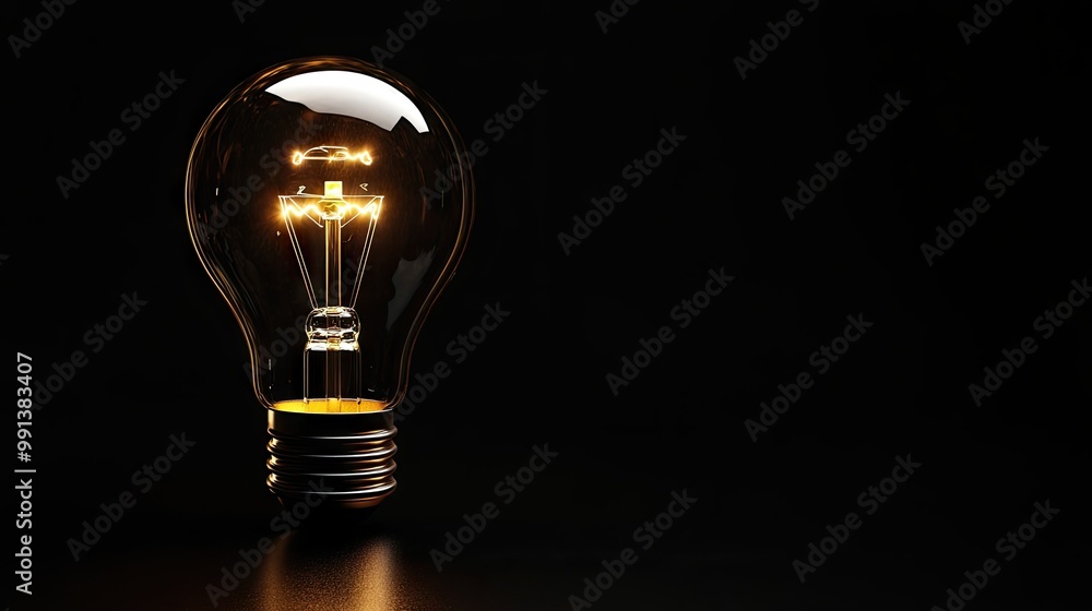 A light bulb illuminated on a black background, with ample room in the background for text or design. A light bulb illuminated on a black background, with ample room in the background for text or design.