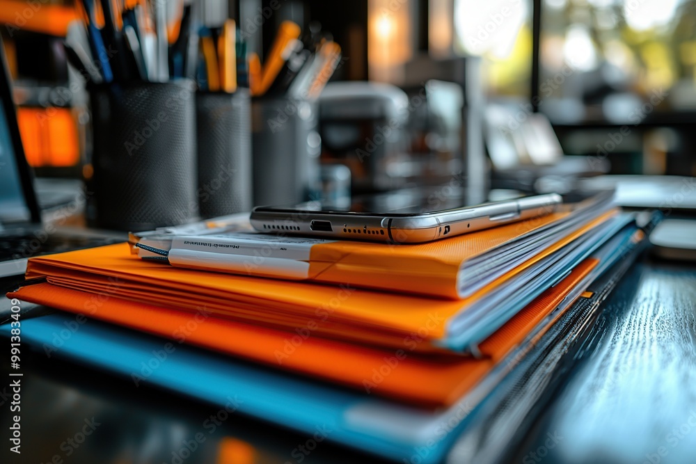 Close-up of a smartphone resting on a stack of orange and blue folders, a symbol of work and organization. Close-up of a smartphone resting on a stack of orange and blue folders, a symbol of work and organization.