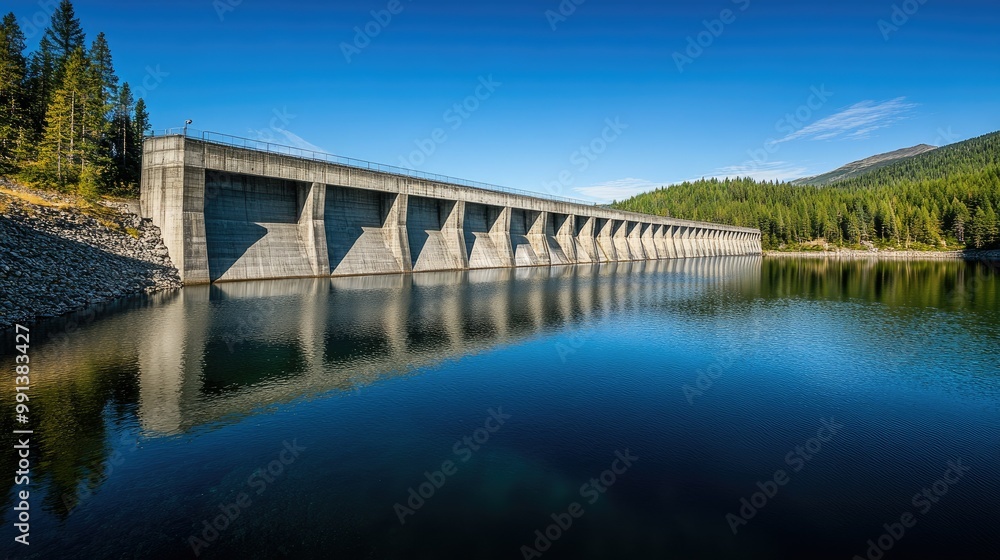 Fototapeta premium A large concrete dam with a clear blue sky above, providing ample copy space for text. The tranquil water below reflects the structure.