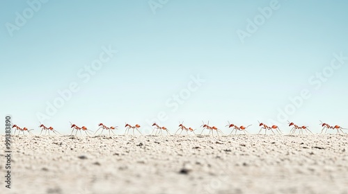 A line of ants crossing a path, with a clear sky providing space for text in the upper portion. photo