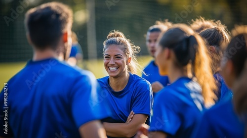 Fototapeta Naklejka Na Ścianę i Meble -  Diverse Soccer Team in Action: Energetic Mixed-Gender Practice Session Focused on Teamwork