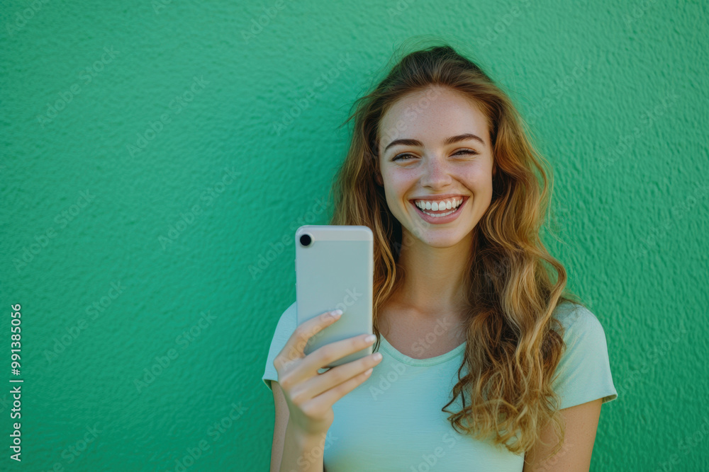 Young woman is holding a smartphone in her hand and laughing while standing in front of a green wall Young woman is holding a smartphone in her hand and laughing while standing in front of a green wall