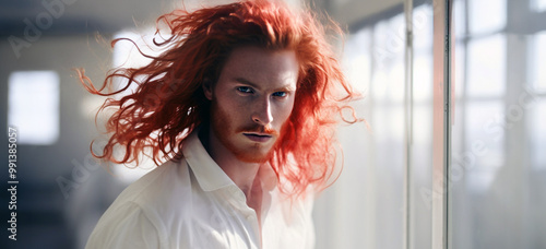 An indoor photo of a redhead guy with long hair and beard in white clothes agianst pale white background of a large panoramic window. Art photo.