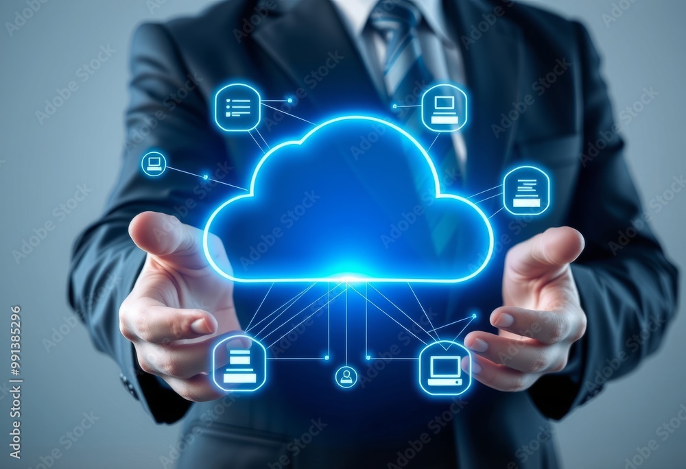 A holography depiction of a businessman holding a cloud computin A holography depiction of a businessman holding a cloud computin