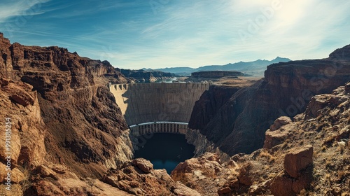 A long panoramic view of a dam in a deep canyon, surrounded by rocky terrain. The open sky provides clean copy space.