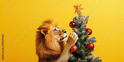 Lion Decorates a Christmas Tree with Ornaments