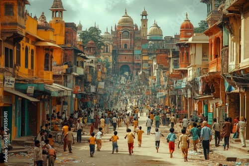 Fototapeta Naklejka Na Ścianę i Meble -  A group of children playing cricket on the streets of a small Indian town. Generative AI