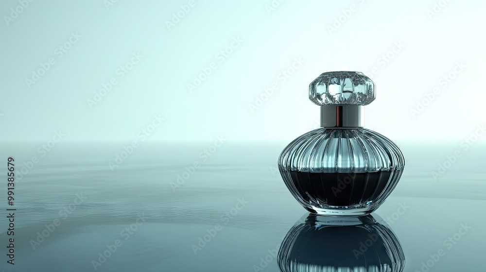 Fototapeta premium A luxurious perfume bottle with a decorative cap, placed on a reflective surface with plenty of space for text.