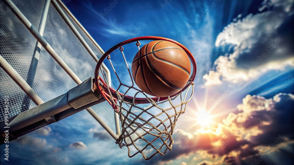 Basketball ball flying into the basketball hoop from a low angle, athletic, game, rim, score, success, basket, motion, competition, goal, victory, hoop, bounce, teamwork, shot, sports Basketball ball flying into the basketball hoop from a low angle, athletic, game, rim, score, success, basket, motion, competition, goal, victory, hoop, bounce, teamwork, shot, sports