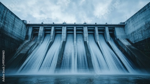 A modern hydroelectric dam, viewed from below, with ample sky space above the structure for copy. Water trickles down the surface. photo