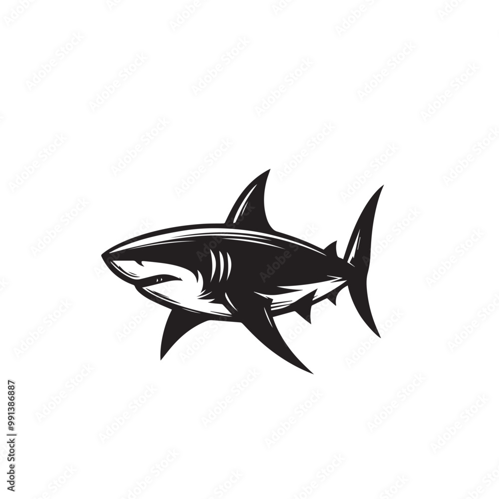 Obraz premium Shark silhouette vector design full black and white. Shark logo, icon design. shark black silhouette isolated on white background.