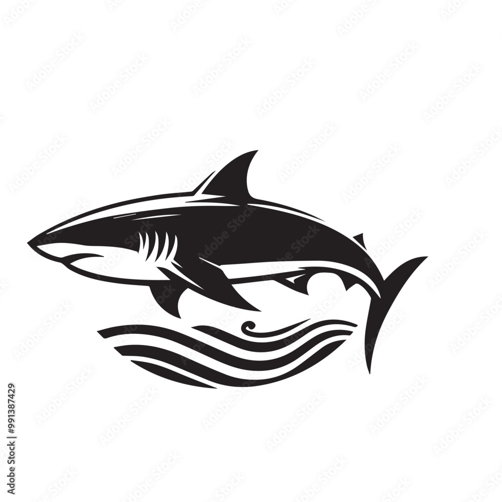 Fototapeta premium Shark silhouette vector design full black and white. Shark logo, icon design. shark black silhouette isolated on white background.