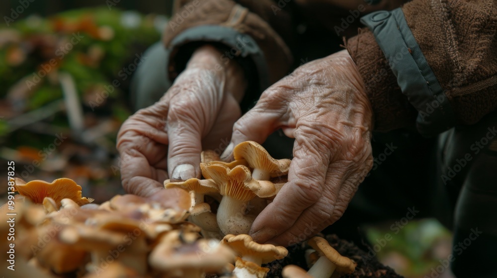 hands carefully foraging wild mushrooms in a lush forest, hands carefully foraging wild mushrooms in a lush forest,