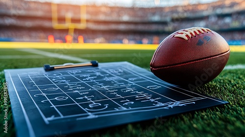 A close-up of a detailed NFL game plan written on a coachs clipboard with arrows and diagrams showing a complex play Large space for text in center Stock Photo with copy space