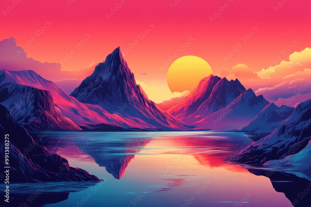 Mountain Range Reflecting in a Still Lake at Sunset Mountain Range Reflecting in a Still Lake at Sunset