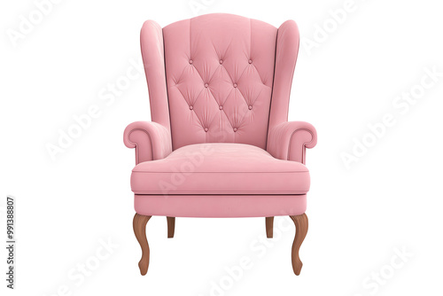 Elegant pink armchair with tufted design on white isolated background.