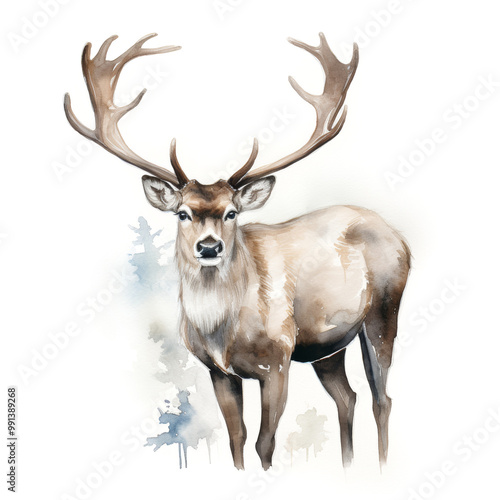 A watercolor painting of a reindeer standing in the snow. Christmas themed landscape.