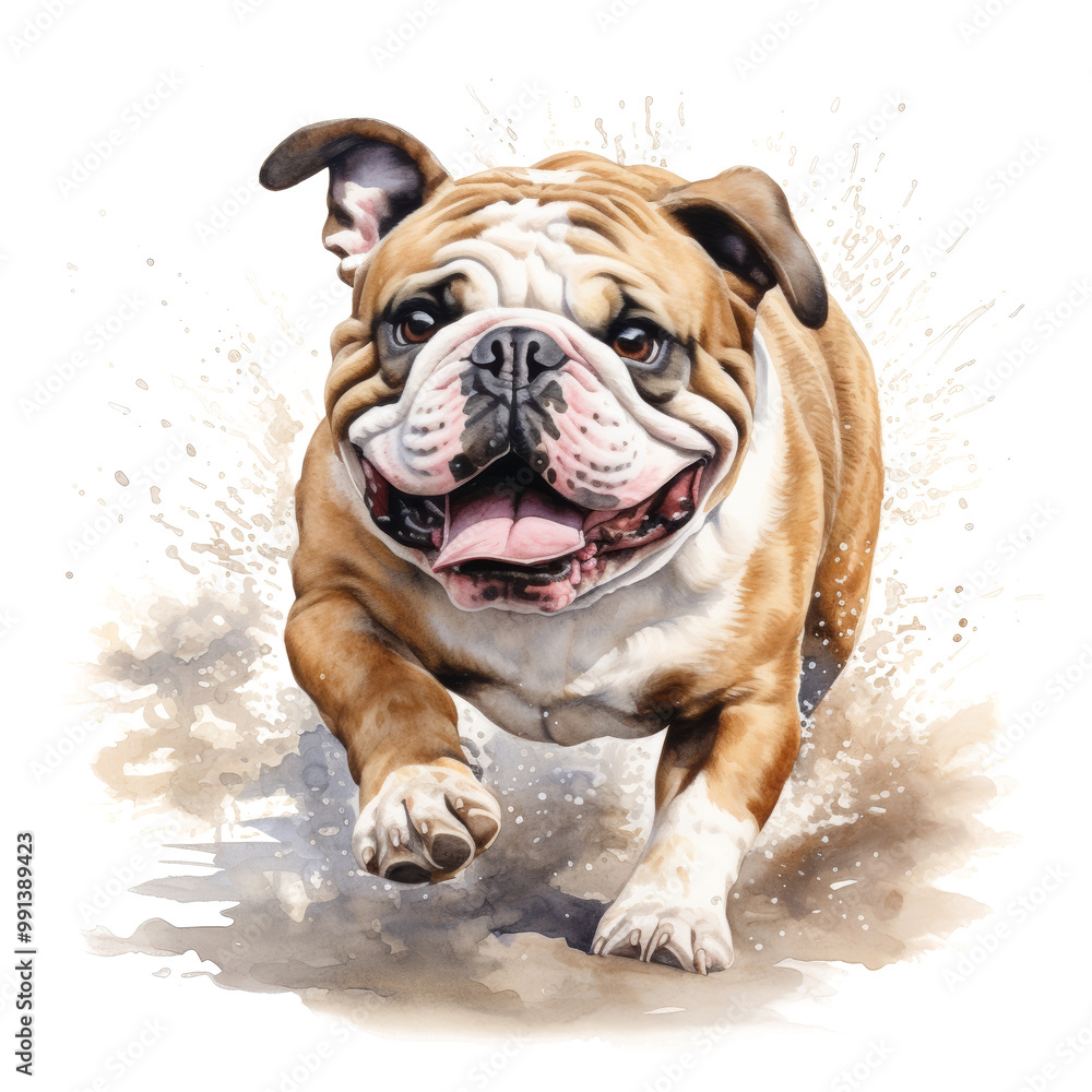 Beautiful British Bulldog dog running through a puddle. Watercolor painting isolated on white background. Beautiful British Bulldog dog running through a puddle. Watercolor painting isolated on white background.