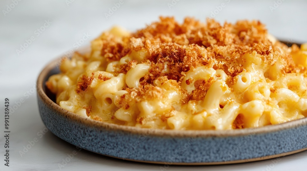 A plate of mac and cheese with a crispy topping, set against a simple background providing ample copy space A plate of mac and cheese with a crispy topping, set against a simple background providing ample copy space
